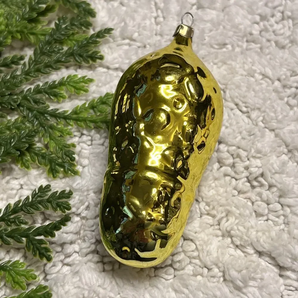 Vintage Hand Blown Glass Baby Swaddled in Blanket Bow Gold Christmas Ornament